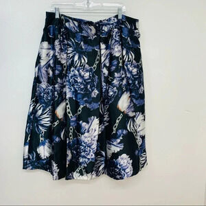 Black Purple Floral Midi Skirt 3X Pull On‎ Full Flowy Pockets Lined Whimsy Goth